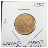 1882 Coronet Head $5.00 gold coin .2419 oz