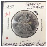 1858 Seated Liberty Half Dollar, heavily cleaned