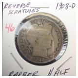 1908-D Barber Half Dollar, reverse scratches