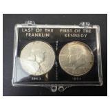 Last of the Franklin 1963, First of the Kennedy 1964 2 coin set
