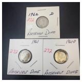 1961, 1961-D, 1962 Roosevelt Dimes