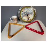 Michelob Golden Light Neon Clock (untested, no battery), Schmidt Beer and Wooden Pool Racks, Plastic Budweiser Mug