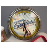 Michelob Golden Light Neon Clock (untested, no battery), Schmidt Beer and Wooden Pool Racks, Plastic Budweiser Mug