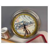 Michelob Golden Light Neon Clock (untested, no battery), Schmidt Beer and Wooden Pool Racks, Plastic Budweiser Mug