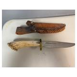 Vintage Antler Handle Bowie Knife with Sheath 18' Overall