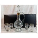 Vintage Bohemia Glass Decanter Set with Gold Accents and Etched Floral Design