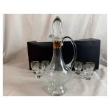 Vintage Bohemia Glass Decanter Set with Gold Accents and Etched Floral Design