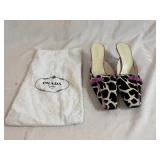 Vintage PRADA Mule Heels featuring Cow Print Pony Hair Upper, a Square Toe and Pink Suede Bow Detail with protective bag 39 Italy
