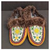 Beaded Floral Leather Moccasins - Vintage, Fur Trim, Beaded Embroidery