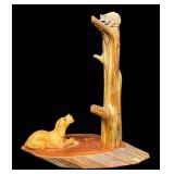 David Quimby The Wood Whittlers Hand-Carved Dog Watching Raccoon