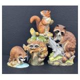 Red Squirrel 5622 by Andrea, Raccoons 5619, 7001 & E9025 (4 Figurines)