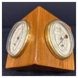 Three-Dial Wood Desk Weather Station - Quartz Clock, Barometer & Hygrometer