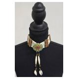 Native American Beaded Choker Necklace - Shell Pendants, Leather Ties