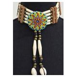 Native American Beaded Choker Necklace - Shell Pendants, Leather Ties