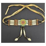 Native American Beaded Choker Necklace - Shell Pendants, Leather Ties