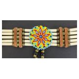 Native American Beaded Choker Necklace - Shell Pendants, Leather Ties