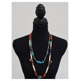 Turquoise Chip Necklace Pair, 23 in Long, Hand-Painted Beads & Bells