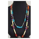 Turquoise Chip Necklace Pair, 23 in Long, Hand-Painted Beads & Bells