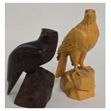 Hand Carved; Dark Wood Eagle 6.25in Tall x 3.25in Dia - Light Wood Eagle 7.5in Tall x 4in Dia