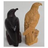 Hand Carved; Dark Wood Eagle 6.25in Tall x 3.25in Dia - Light Wood Eagle 7.5in Tall x 4in Dia