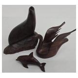 Carved Wooden Seal, Swan & Dolphin Figures (Lot of 3)