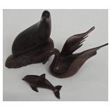 Carved Wooden Seal, Swan & Dolphin Figures (Lot of 3)