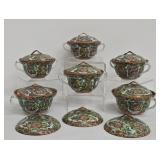 Vintage Chinese Hand Painted Rose Medallion Pattern Porcelain Lidded Bowls - 6-in Set of 6 with 3 Extra Lids