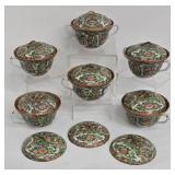 Vintage Chinese Hand Painted Rose Medallion Pattern Porcelain Lidded Bowls - 6-in Set of 6 with 3 Extra Lids