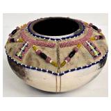 Artisan Crafted Native American Pottery Vessel - Bead-Decorated Neck & Panels