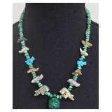 Native American Style Animal Fetish Necklace with Turtle Charms & Green Stone Pendant - 20 in