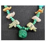 Native American Style Animal Fetish Necklace with Turtle Charms & Green Stone Pendant - 20 in