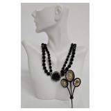 Vintage Black Glass Bead Necklace with 1 in Center Pendant & Cameo Brooch Set