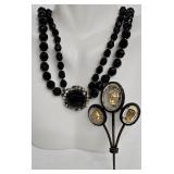 Vintage Black Glass Bead Necklace with 1 in Center Pendant & Cameo Brooch Set