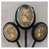 Vintage Black Glass Bead Necklace with 1 in Center Pendant & Cameo Brooch Set
