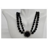 Vintage Black Glass Bead Necklace with 1 in Center Pendant & Cameo Brooch Set