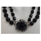 Vintage Black Glass Bead Necklace with 1 in Center Pendant & Cameo Brooch Set