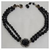 Vintage Black Glass Bead Necklace with 1 in Center Pendant & Cameo Brooch Set