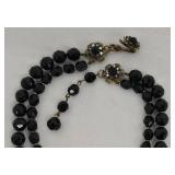 Vintage Black Glass Bead Necklace with 1 in Center Pendant & Cameo Brooch Set