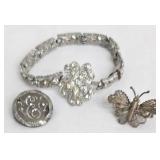 Vintage Rhinestone Bracelet With Floral Center - Butterfly Brooch & Round Brooch (Lot of 3)