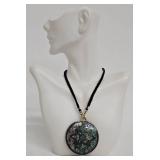 Sterling Silver and Abalone Shell Round Pendant Necklace on 22-Inch Black Braided Chain, 2-Inch Diameter
