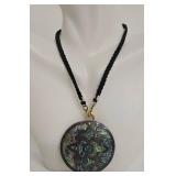 Sterling Silver and Abalone Shell Round Pendant Necklace on 22-Inch Black Braided Chain, 2-Inch Diameter