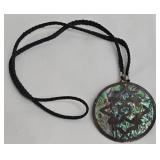 Sterling Silver and Abalone Shell Round Pendant Necklace on 22-Inch Black Braided Chain, 2-Inch Diameter