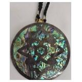 Sterling Silver and Abalone Shell Round Pendant Necklace on 22-Inch Black Braided Chain, 2-Inch Diameter
