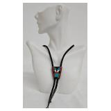 Native American Inlay Pendant Necklace - Turquoise & Red Coral Mosaic, Braided Cord