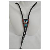 Native American Inlay Pendant Necklace - Turquoise & Red Coral Mosaic, Braided Cord