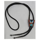 Native American Inlay Pendant Necklace - Turquoise & Red Coral Mosaic, Braided Cord