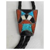 Native American Inlay Pendant Necklace - Turquoise & Red Coral Mosaic, Braided Cord