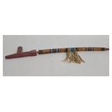 Native American Style Pipestone and Wood Peace or Cermonial Pipe with Blue Bead Wrap & Leather Fringe - 23' Long