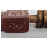 Native American Style Pipestone and Wood Peace or Cermonial Pipe with Blue Bead Wrap & Leather Fringe - 23' Long
