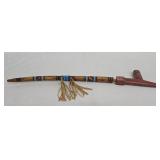 Native American Style Pipestone and Wood Peace or Cermonial Pipe with Blue Bead Wrap & Leather Fringe - 23' Long